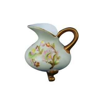 Creamer Pitcher Footed Hand Painted Gold Trim Floral Collectible Vintage 3.25"H